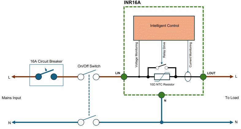 INR16A Inrush Current Limiter, DIN-mount. 80-265V AC - Connections Diagram 2