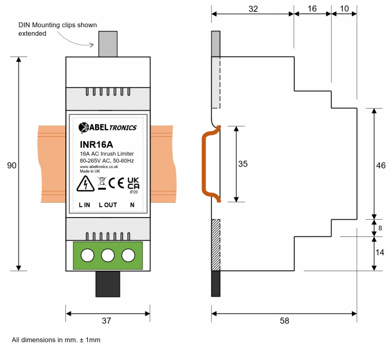 INR16A Inrush Current Limiter, DIN-mount. 80-265V AC - Dimensional Drawing 1